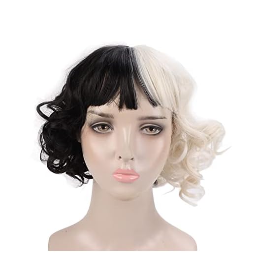 Peruk med Kort Lockigt Hår, Justerbara Remmar Gjorda Av Elastiskt Ventilerande Mesh Halvsvart Vit Fashionabla Cosplay Vågiga Peruker