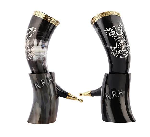 Corne à boire viking avec socle et gravure Marteau de Thor lot de 2