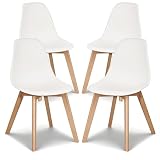 VECELO Dining Chairs Set of 4, Mid-Century Modern Kitchen & Dining Room Chairs, Molded Plastic Seat & Back, Solid Wood Legs, Armless, Non-Slip Feet, White
