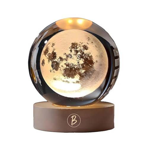 Image of 3D Moon Ball Night Lamp, Creative Engraved Table LED Light with Woodern Base for Home Office Decoration Birthday Gift