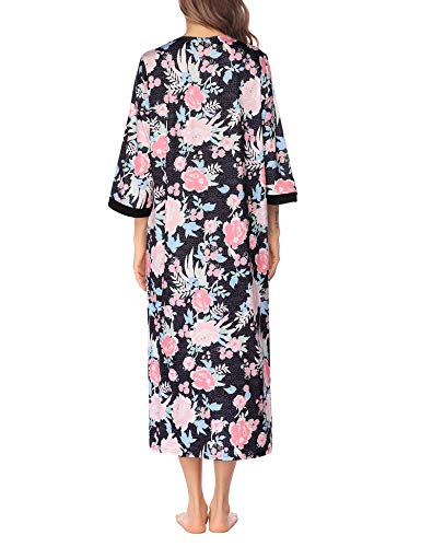 Image of Ekouaer Women Zipper Robe 3 /4 Sleeves Loungewear Dress Full Length Sleepwear Pockets Housecoat Nightgown Long Bathrobe