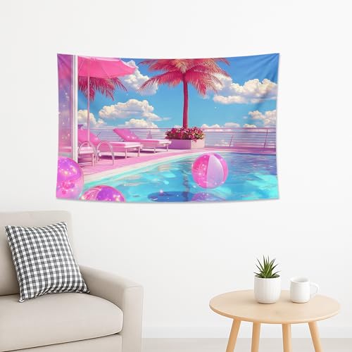 Tapiz de piscina con palmera de melocotón, para colgar en la pared, escena de playa de verano, decoración estética tropical para dormitorio, sala de estar, dormitorio, vacaciones, 60 x 50 pulgadas