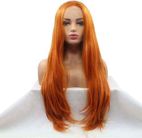 Perruque synthétique orange jaune lisse avec dentelle frontale pour femme