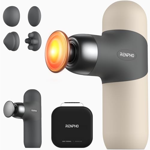 RENPHO Mini Thermal Massage Gun with Heat, Portable Deep Tissue Percussion Massager with 4 Heads for...