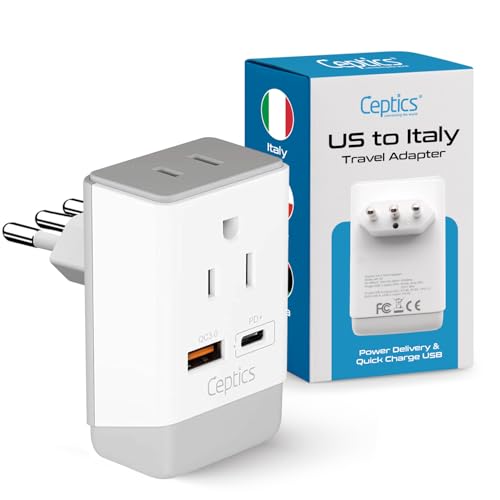 Image of Ceptics Italy Travel Adapter, QC 3.0 & PD, Safe Dual USB & USB-C - 2 USA Socket Compact & Powerful - Use in Uruguay, Libya, Syria, Tunisia, Chile - Type L AP-12 - Fast Charging (AP-12A)