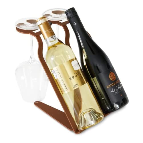 Countertop Wine Rack Metal Wine Rack for Table – Small Wine Rack for Tabletop Décor – Wine Rack Holder for 2 Glasses & 2 Bottles - Corten/Chestnut