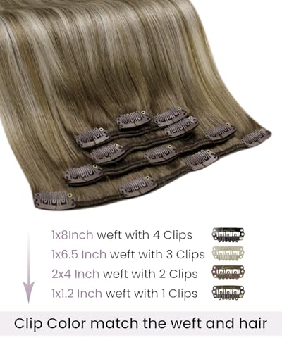 Image of LaaVoo Human Hair Clip in Extensions Balayage Blonde, 5pcs 16inch | Real Hair Extensions Clip on for Quick Volume, Straight, Soft, Light Brown to Blonde Ombre, 80g