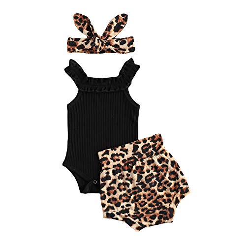 Image of Naranjaburbuja Newborn Toddler Baby Girls 2PCs Outfits Leapord Print Ruffle Top Shorts Set Spring Summer Clothing Set (Black A, 3-6 Months)