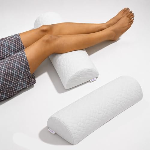 Image of Leg Support Pillow Orthopaedic Memory Foam 20 Inch - Half Moon Bolster (White) - 2 Year Warranty - Knee Pain Relief, Back Alignment Roll for Sleeping & Office Sitting - Washable Velvet Cover
