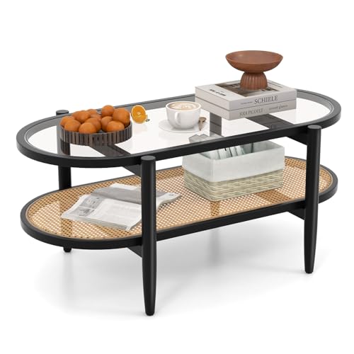 SOARS Table Basse en Bois et Verre, Table de Salon Ovale 2 Niveaux 102 X 56 X 47 CM, avec Cadre en Bois Cintré, Plateau en Verre Trempé, Étagère en Rotin...