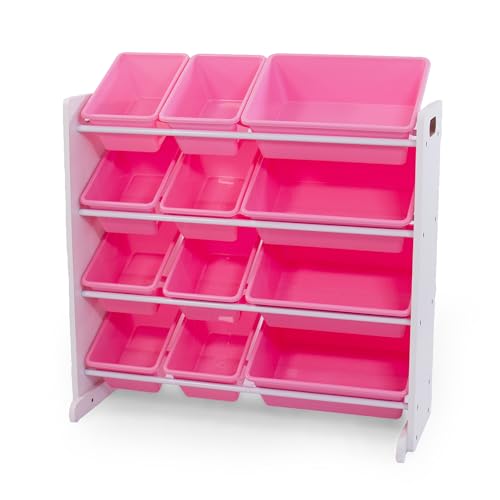 Image of Humble Crew Toy Storage Organizer with 12 Removable Storage Bins for Kids Playroom, 4-Tier Toddler Toy Organization, White /Pink