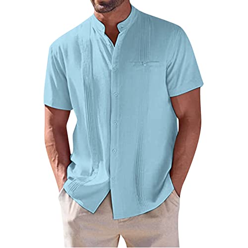 Polo de manga corta de secado rápido de algodón y lino de color sólido para hombre, primavera y verano, con bolsillo y camisas de manga corta a mitad de camisa de manga corta, corte regular para