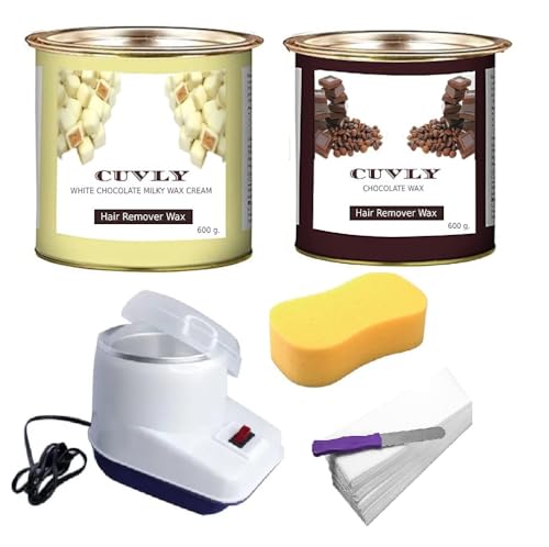 Image of CUVLY Wax Heater Machine Women Waxing Kit White Chocolate Cream (550 Gm) Chocolate (550 Gm) Strips (70Pcs) Spatula(Kinfe),Sponge) ,Pack Of 5