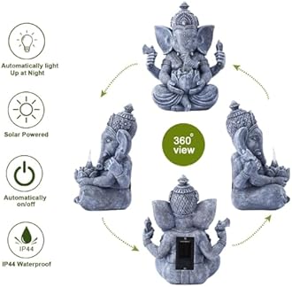 Philodwell Ganesha Elephant Figurine Garden Statues: Zen Ornaments with Lotus and Solar Lights, Decor for Home/Deck/Garden/Lawn/Patio/Yard - Great Gifts for Mom/Grandma/Women