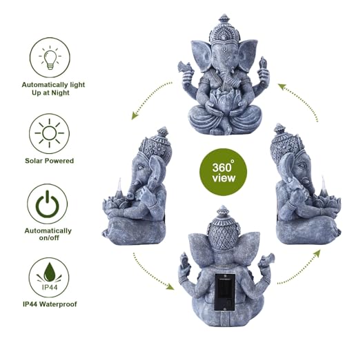 Philodwell Ganesha Elephant Figurine Garden Statues: Zen Ornaments with Lotus and Solar Lights, Decor for Home/Deck/Garden/Lawn/Patio/Yard - Great Gifts for Mom/Grandma/Women