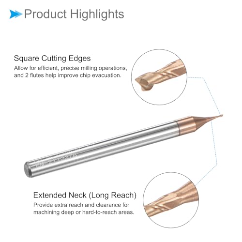 Image of Square Nose End Mill, 0.6mm x 2mm Cutting, Long Reach Titanium (Nano-Scale) Coated Carbide 2 Flutes CNC Router Bits - (Applications: for Stainless Steel Cast Iron Metal)