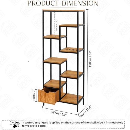 Image of ABOUT SPACE Book Shelf for Home - 7 Shelves,1 Bottom Drawer, Modern 19mm Metal Frame|Engineered Wood Book Rack for Study Room, Book Organizer Stand for Library, Bedroom (L 58 x B 30 x H 158cm -Teak)