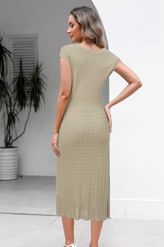 Image of Newshows Women's Hollow Slim Summer Fall Church Work Casual Sweater Dress | Machine Washable Knit Sweater Fabric, Hollow Design, Bell Sleeve, Business Casual, Church Teacher Outfits, Modest Dress