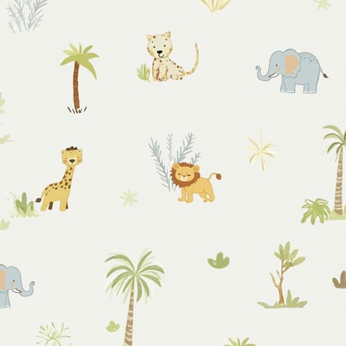 LUKUUI 17.3" x 196.8" Safari Animals Peel and Stick Wallpaper Removable Self Adhesive Wall Paper for Nursery Kids Room Bedroom Cabinet Vinyl Roll