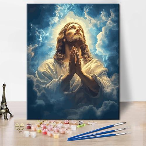 Paint by Number Kits Jesus Prayer Painting Kits for Adults DIY Number Painting for Adults Jesus Bathed in Light Paint by Numbers on Canvas Stress Relief Activity Wall Decor Gift for Friends(40x50cm)
