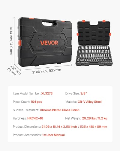 Image of VEVOR Socket Set, 104 Pieces, 3 /8 inch Drive Socket Tool Set, Metric Size from 6 to 24 mm, Deep and Standard, Mechanic Tool Kit with Storage Case, Chrome Plated CR-V Alloy Steel, for Automotive Repair