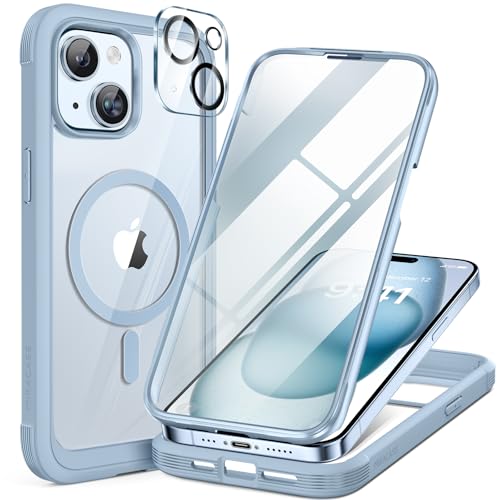 Image of Miracase Glass Series for iPhone 15 Case [Compatible with MagSafe] Full-Body Magnetic Bumper Case with Built-in 9H Tempered Glass Anti-Fingerprint Screen Protector + Camera Lens Protector, Light Blue