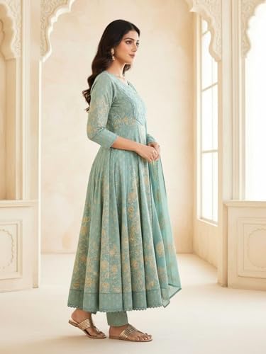 Image of Pure Cotton Anarkali Kurta Set for Women with Dupatta | 3 Piece Cotton Anarkali Suit | Floral Aari Work | Flared Ethnic Wear