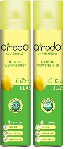 Image of AIRODO Citrus Blast Air Freshener with Dual Technology, Easy Push and Spray, Stain Removal Floral Crush, All in One Room Freshener for Home and Office (250ml, Pack of 2)