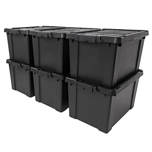 IRIS USA 20 Gallon Lockable Storage Bins with Lids, 6 Pack – Made in USA, Heavy Duty, Stackable Containers, Garage Organizing Bins Moving Tubs, Rugged Sturdy Equipment Utility Box – Black