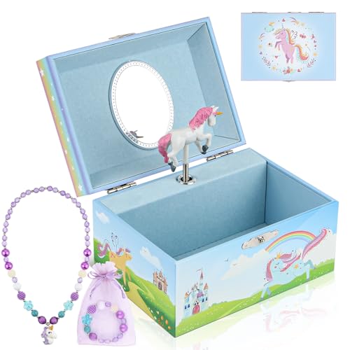 Taduoduo Joyero musical de unicornio para niñas, caja de música para niños con unicornio giratorio, regalos de cumpleaños de unicornio para niñas pequeñas