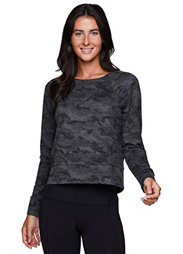 RBX Active Women's Fashion Crewneck Long Sleeve Lightweight French Terry Cropped Camo Print Pullover Sweatshirt F20 Crop Black Camo XL