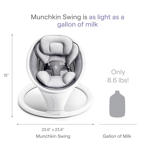 Image of Munchkin Electric Baby Swing, Portable and Lightweight, Bluetooth Enabled Infant Rocker with Natural Sway in 5 Ranges of Motion, Newborn Nursery Essentials, White /Grey