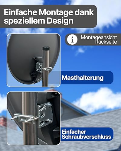 SCHWAIGER Satellitenschüssel Komplettset - Ø 60 cm Stahl Offset Antenne in Hellgrau - Inkl....