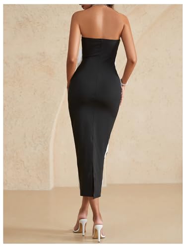 Women's Bow Color Block Maxi Tube Dress Strapless Split Hem Bodycon Cocktail Party Dresses2