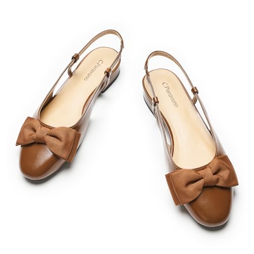 Image of C.Paravano Women's Slingback Dress Shoes | Sandals with Bows for Women| Casual Flat Shoes for Women | Almond Toe Slingback | Detachable Ankle Strap