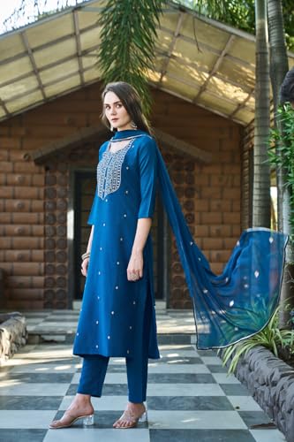 Image of GoSriKi Women's Cotton Blend Embroidered Kurta Set with Pant & Dupatta - Straight Calf‑Length, 3 /4 Sleeve, Round Neck - Elegant Ethnic Attire (5 Colors, S-5XL)