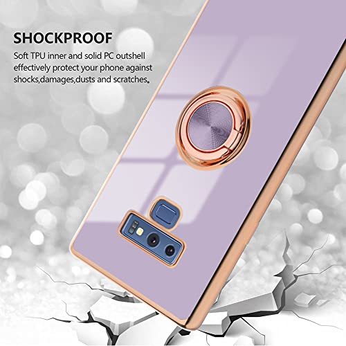 Sakuulo For Samsung Galaxy Note 9 Case With 360° Rotation Magnetic Ring Kickstand Holder,Shiny Plating Gold Edge Soft Slim Shockproof +Screen Protector Protective Cover For Women Girls(Purple) #TOP3