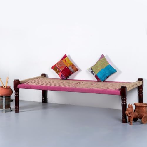 Image of Solid Sheesham Wood Charpai Khat | Handcrafted Daybed Khatiya Charpai with Cotton Rope | Traditional Khat Bed Wooden Diwan Cot for Living Room | 6X3 Feet | Beige and Pink