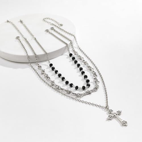 Gothic Witch Cross Necklace for Women Vintage Layered Cross Pendant Necklace Goth Black Witch Bead Zircon Necklaces Halloween Witchs Costume Accessories3