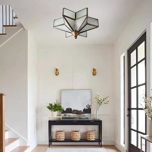 Image of LIGHTLAND 11.8 Inch Flush Mount Star Ceiling Light, 3 Lights Brass Ceiling Lamp with Glass Lampshade, Art Deco Close to Ceiling Light Fixtures for Entryway Hallway Porch, Bronze Color
