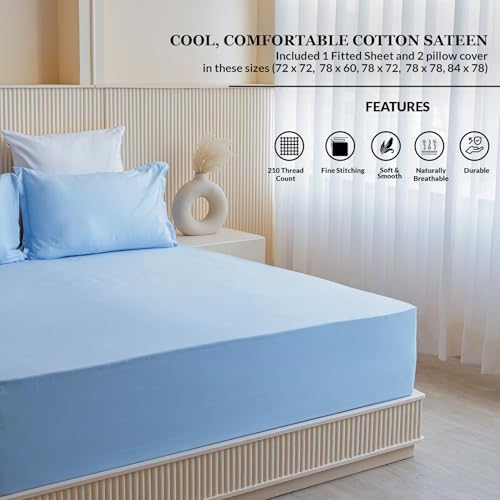 Image of HOMEMONDE Cotton 210TC Solid Fitted Bedsheet for King Bed Soft Premium Fitted Bedspread with 2 Pillowcases (78 x 78 Inches, Sky Blue) | Perfect for Home Decor & Gifting