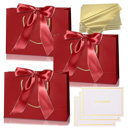 3 piezas Bolsas Regalo Rojo Vino,Bolsa de Papel Cumpleaños Medianas con Asa,3 Lazo 3 Tarjeta Felicitación y 6 Pañuelos,Embalaje de Regalo para Cumpleaños,Fiestas,Bodas,Baby Showers,Celebración