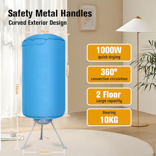 CROWNSHOP 1000W Heated Clothes Airer with Cover, 2-Tier Stainless Steel Foldable Electric Clothes Dryer, Energy Efficient Indoor Drying Rack 10Kg of Clothing 180 Minutes Timer Auto Power-Off - Image 5