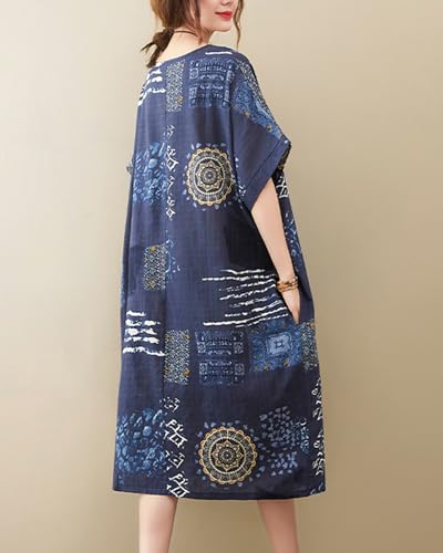 Image of LUZU JUNU Women's Summer Baggy Plus Size Loose Cotton Linen Long Boho Beach Dress with Pockets