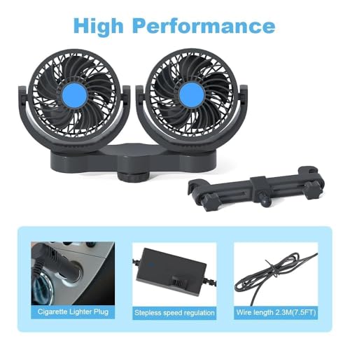 12V DC Rear Seat Cigarette Lighter Fan, Low Noise Dual Head Air Circulation Car Seat Fan, Infinitely Variable Speed, 360°Degree Rotation Portable Truck Fan, Suitable for Truck,Van, SUV,RV