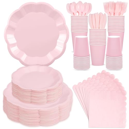 350 Pcs Pink Paper Plates and Napkins Disposable Tableware Serve 50 Guest