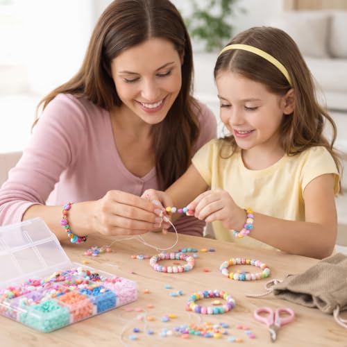 Image of Ambitieux DIY Bracelet Making Kit for Girls - 12 Types Colorful Beads with Charms, Elastic Thread, Earrings, Clasps & Rings - Jewellery Craft Kit for Kids, Birthday Return Gift, Rakhi Special Set for 2 3 4 5 6 7 8 9 10 years (Rubber beads)
