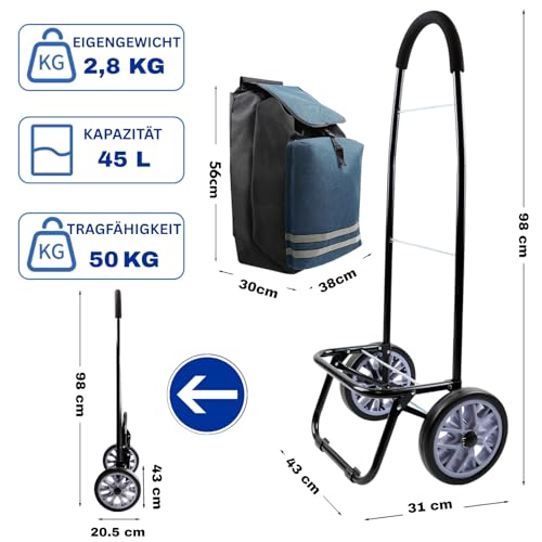 Allyson® Einkaufstrolley klappbar mit Reflektoren & Kühltasche, Einkaufswagen 45L Kapazität, Wetterfester Shopping Trolley, Treppensteiger Trolley mit Geräuschlosen Rädern & Abnehmbarer Tasche - Blau – Bild 3