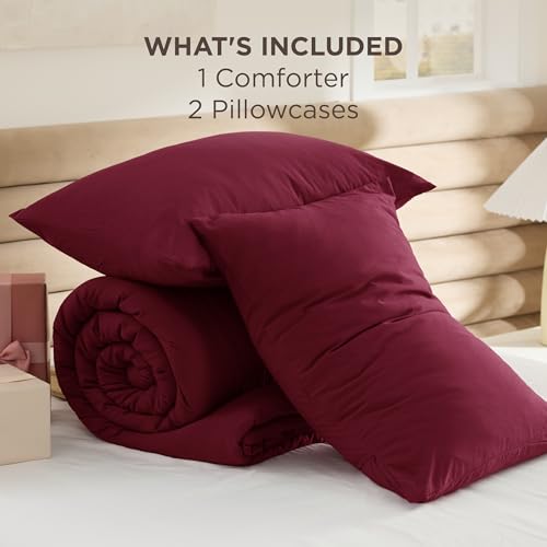 Image of Bedsure Full Comforter Set, Dark Red Soft Prewashed Bedding for All Seasons, 3 Pieces GentleSoft Bed Set, 1 Lightweight Comforter (82 inchx86 inch) and 2 Pillowcases (20 inchx26 inch)