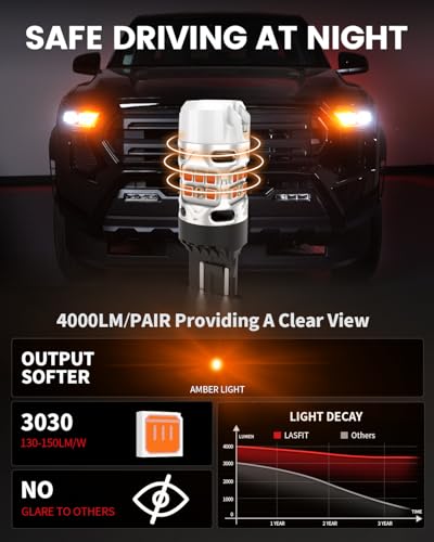 LASFIT T3 7440 7443 LED Bulb Amber 7444NA Built in Resistor 100% Error Free for 4TH Toyota Tacoma 2024 2025 Front Turn Signal Parking Light 500% Brighter 7444 7441 W21W Blinker (2pcs) - Image 4